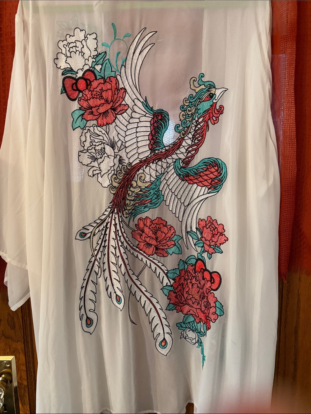 Hello Kitty White Sheer Kimono with Red & Teal Embroidery